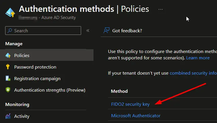 Screenshot showing list of authentication methods with FIDO2 security key highlighted