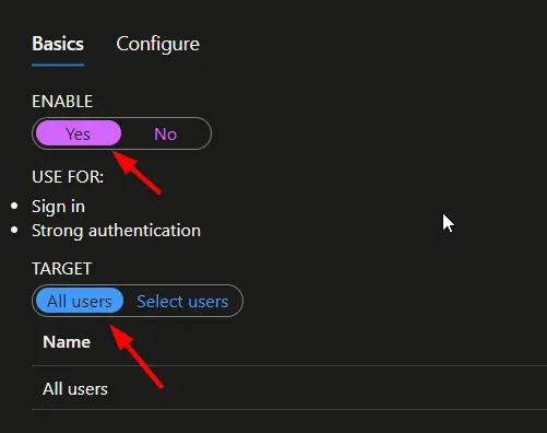 Screenshot showing enable and target options