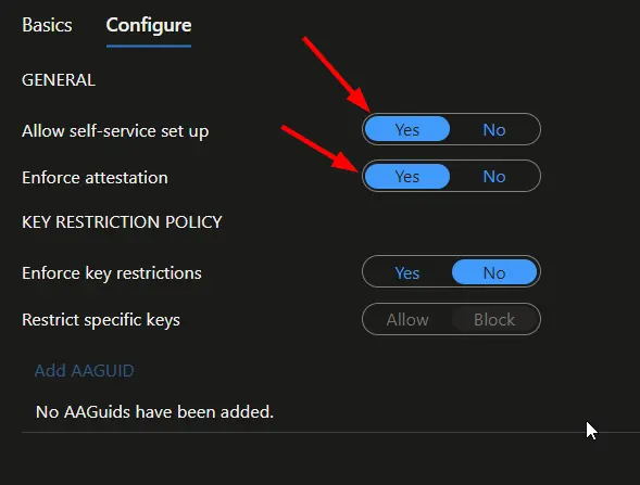 Screenshot showing allow self-service set up and enforce attestation enabled